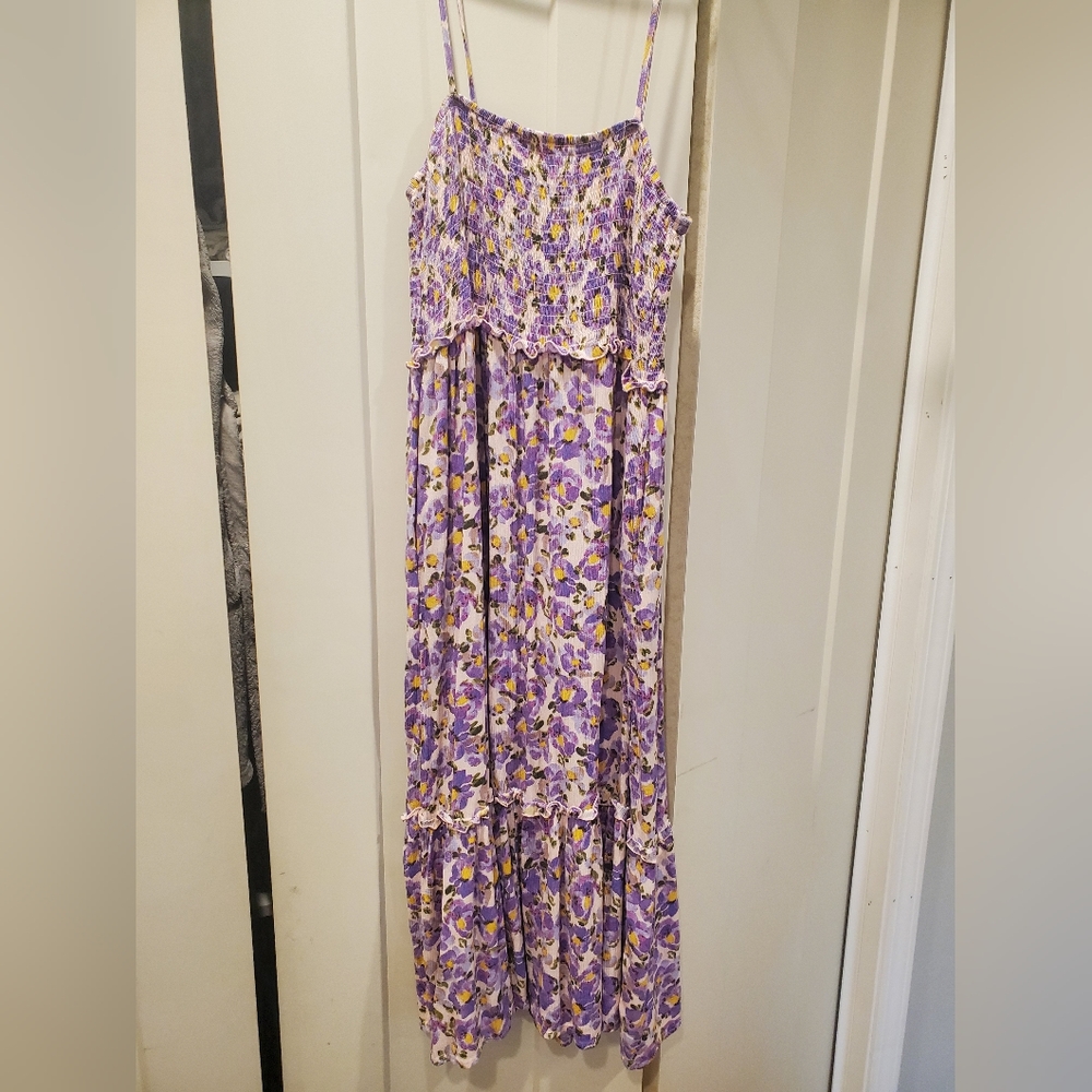 Floral crinkle gauze smocked tie shoulder midi dress, NWOT